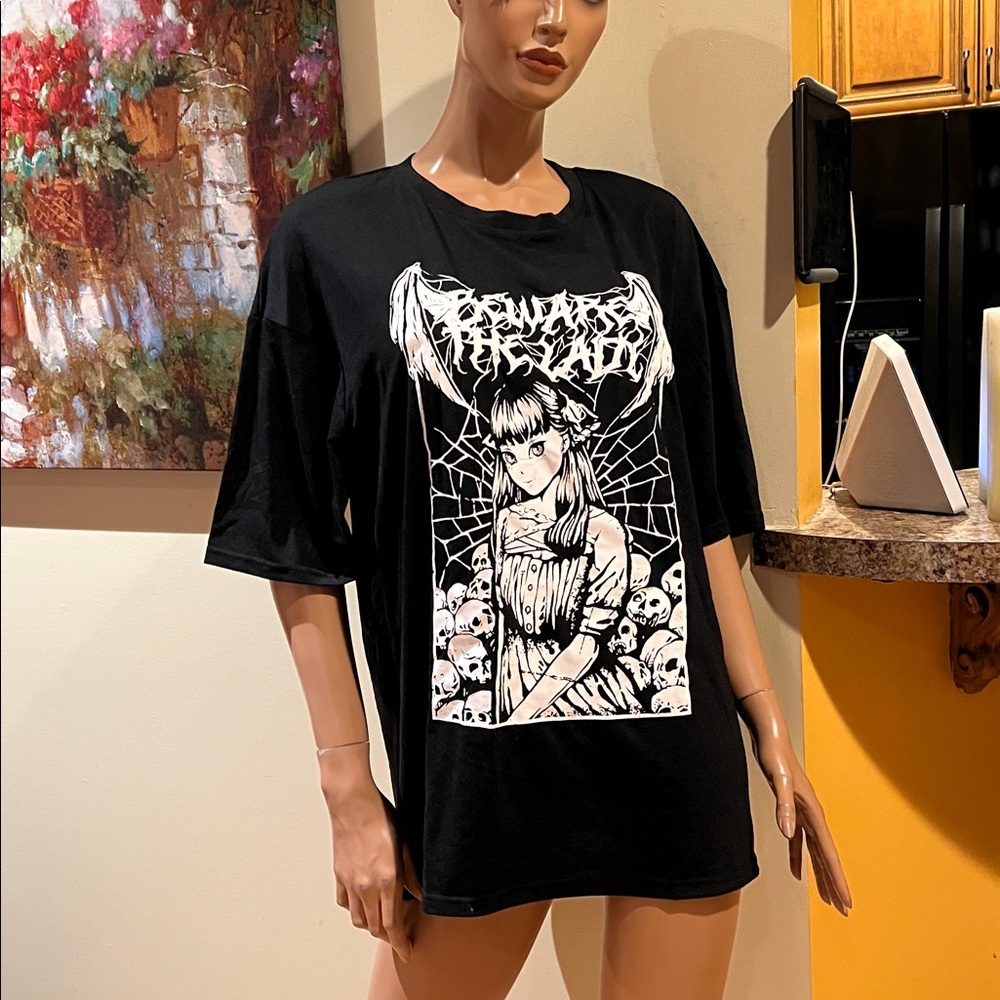 Goth beware the lady S Black t shirt Gothic woman skulls bat wings nwt